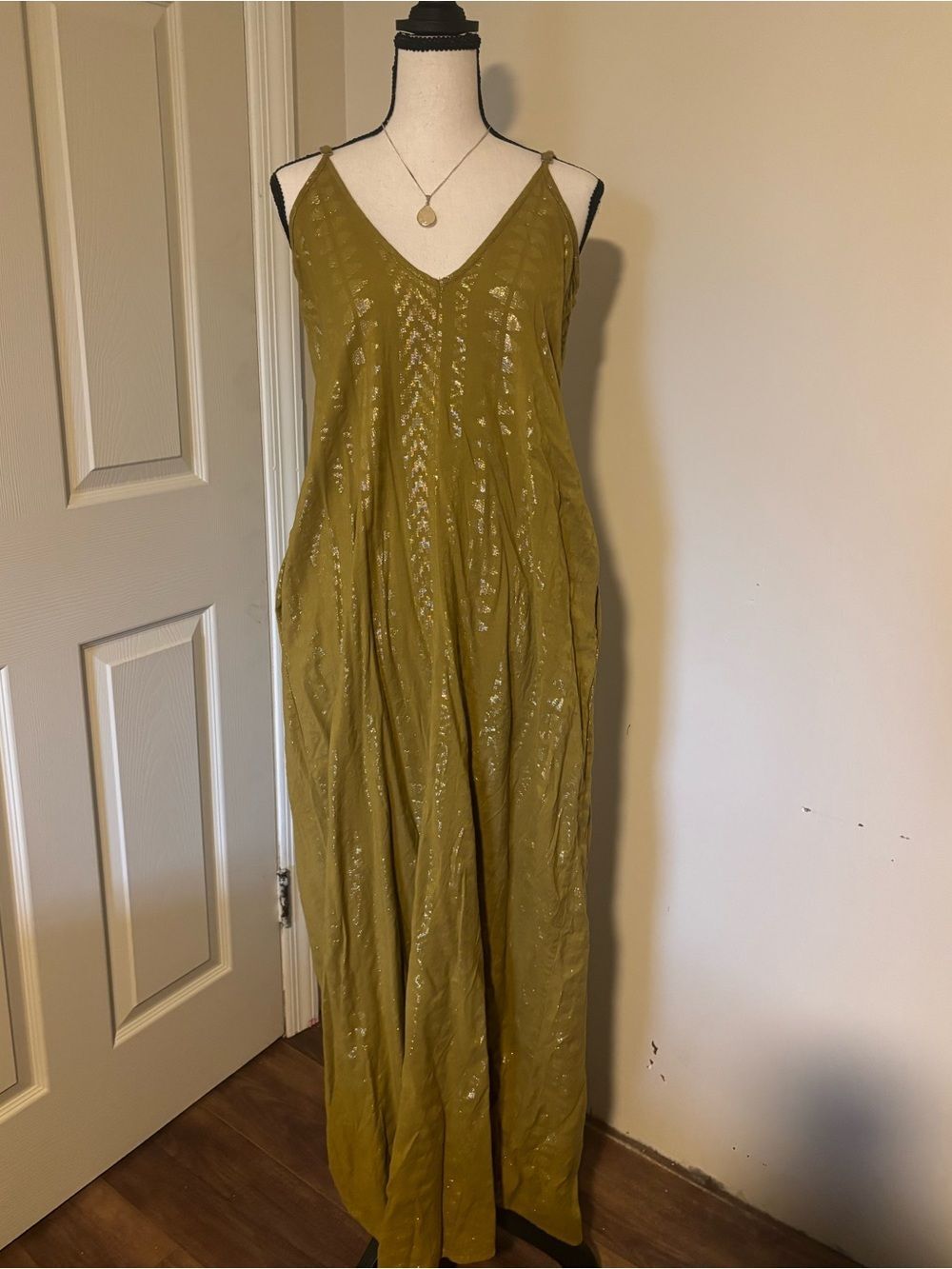 Elan Cleo Chartreuse Green Metallic Gold Maxi Dress Cotton Blend Size Small